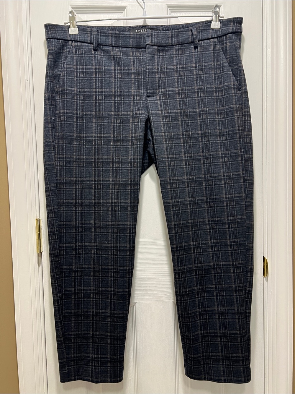 Liverpool Los Angeles Kelsey Trouser Pants - Navy & Gray Tartan Plaid 14 Petite